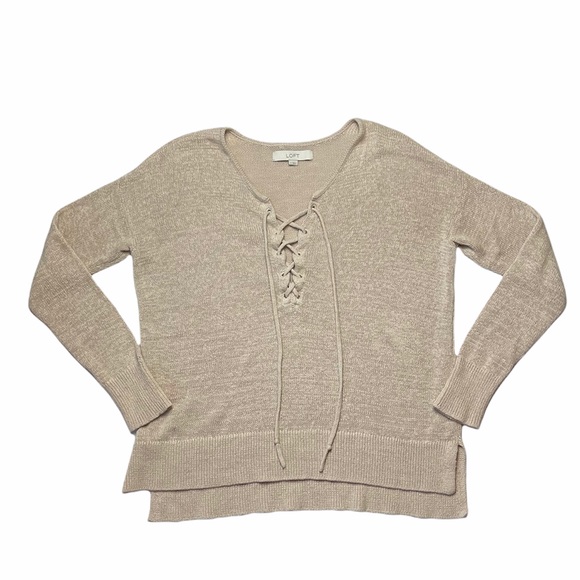 Loft | Beige Knit Long Sleeve Sweater V-Neck Lace Up Top - Picture 2 of 10